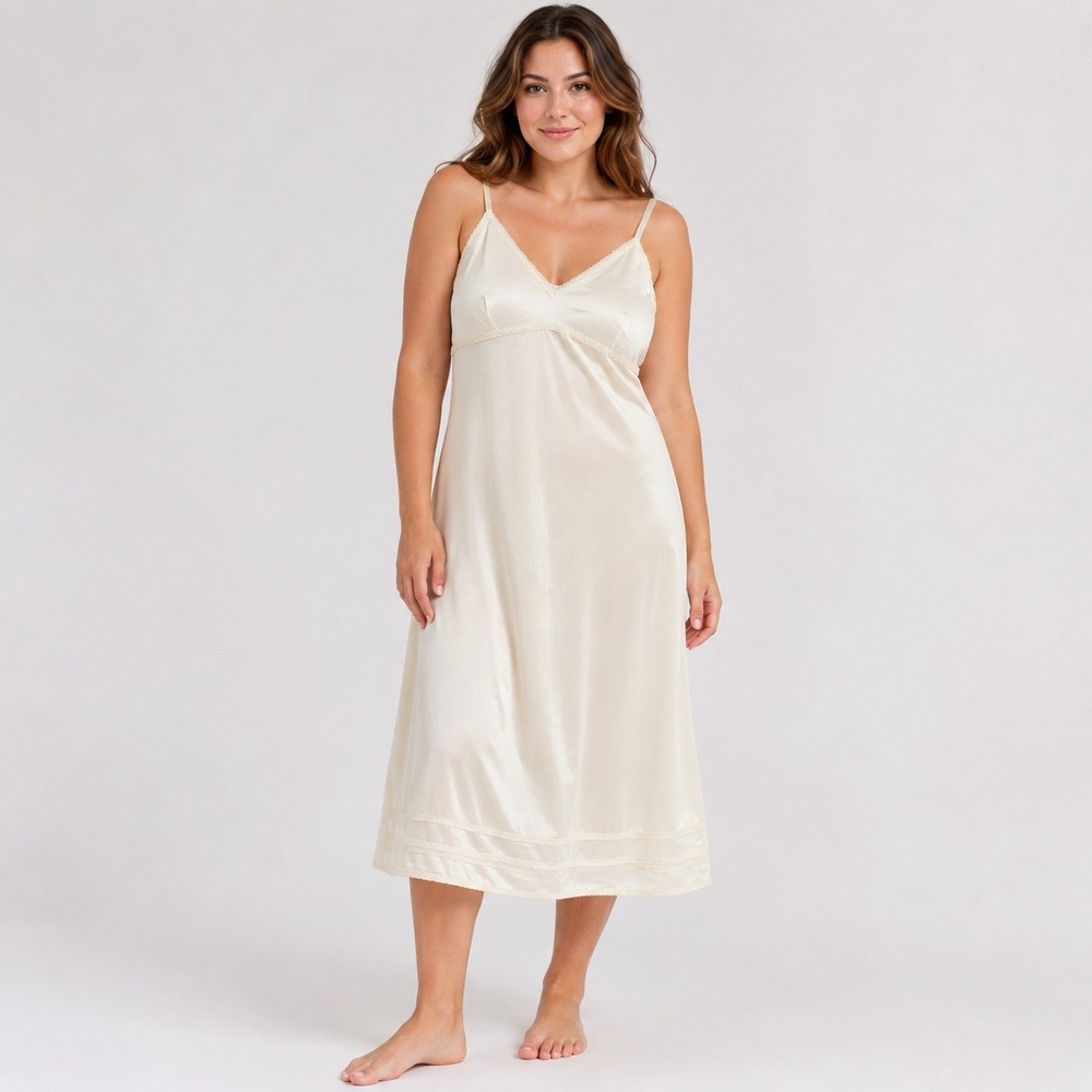 Lorraine Full Slip Womens Tall 34 Cream Nylon Lace Trim Vintage V-Neck Lingerie